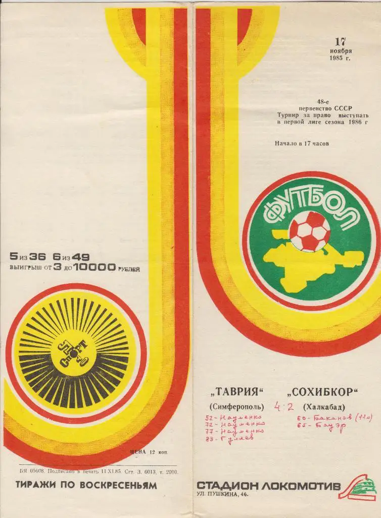 Таврия(Симферополь) - Сохибкор(Халкабад) - 1985 - ПТ