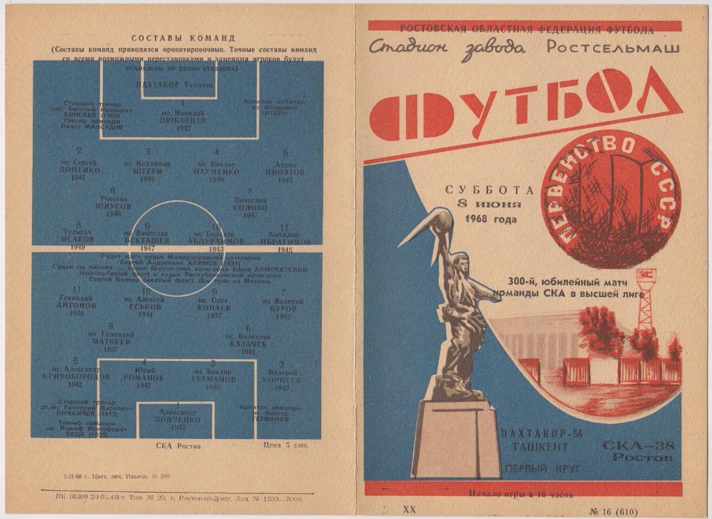 СКА(Ростов-на-Дону) - Пахтакор(Ташкент) - 1968