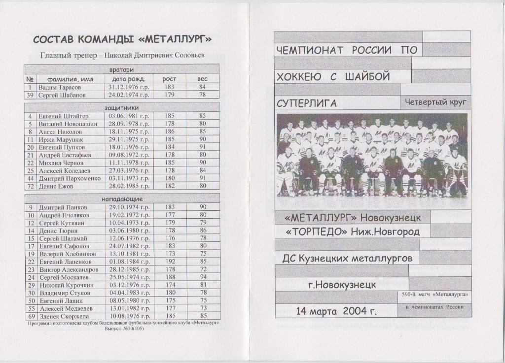Металлург(Новокузнецк) - Торпедо(Нижний Новгород) - 2003/04 - 2