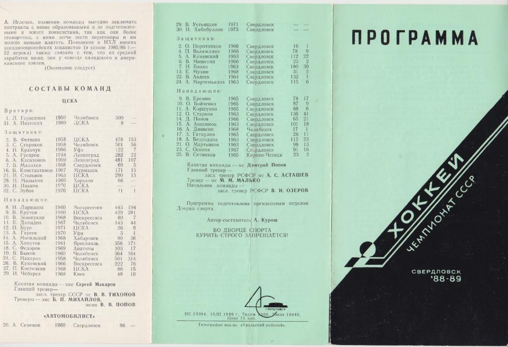 Автомобилист(Свердловск / Екатеринбург) - ЦСКА(Москва) - 03.03.1989