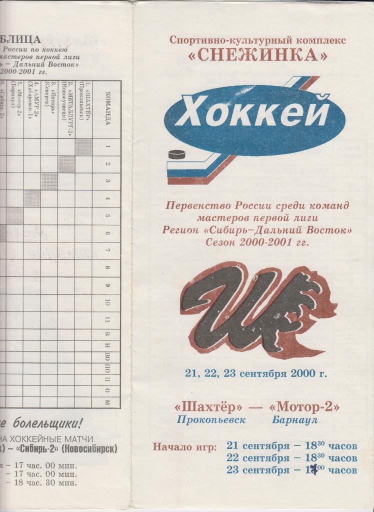 Шахтер(Прокопьевск) - Мотор-2(Барнаул) - 2000/01