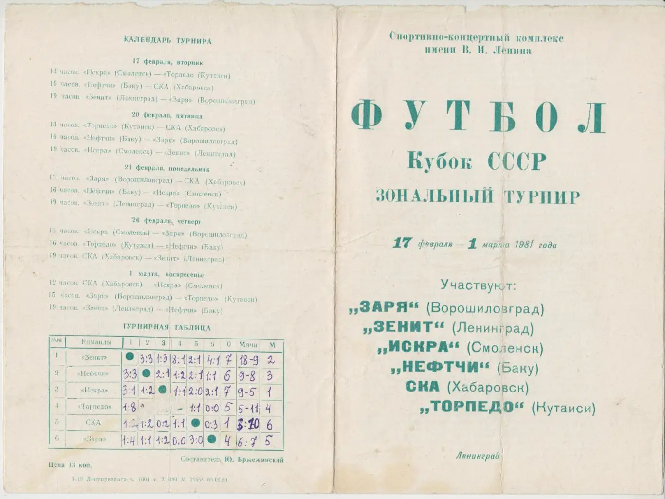 Зональный турнир Кубок СССР(Ленинград/Санкт-Петербург) - 1981