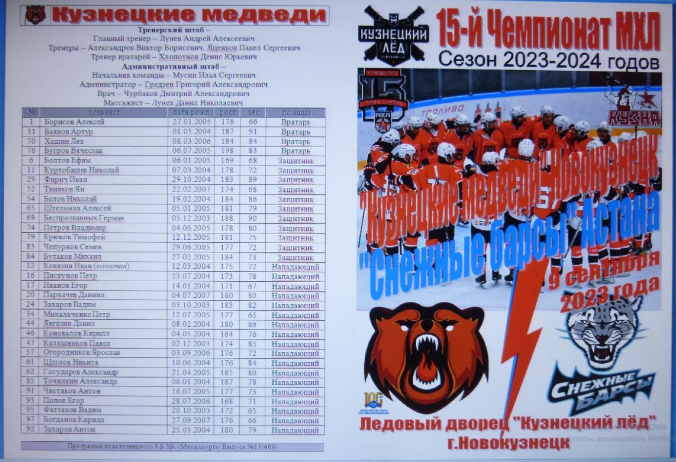 Кузнецкие медведи(Новокузнецк) - Снежные барсы(Астана) - 2023/24 - 2