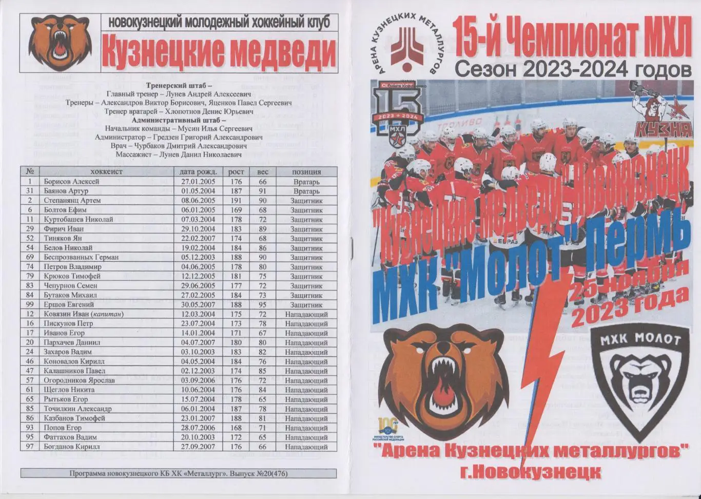 Кузнецкие медведи(Новокузнецк) - Молот(Пермь) - 2023/24 - 1