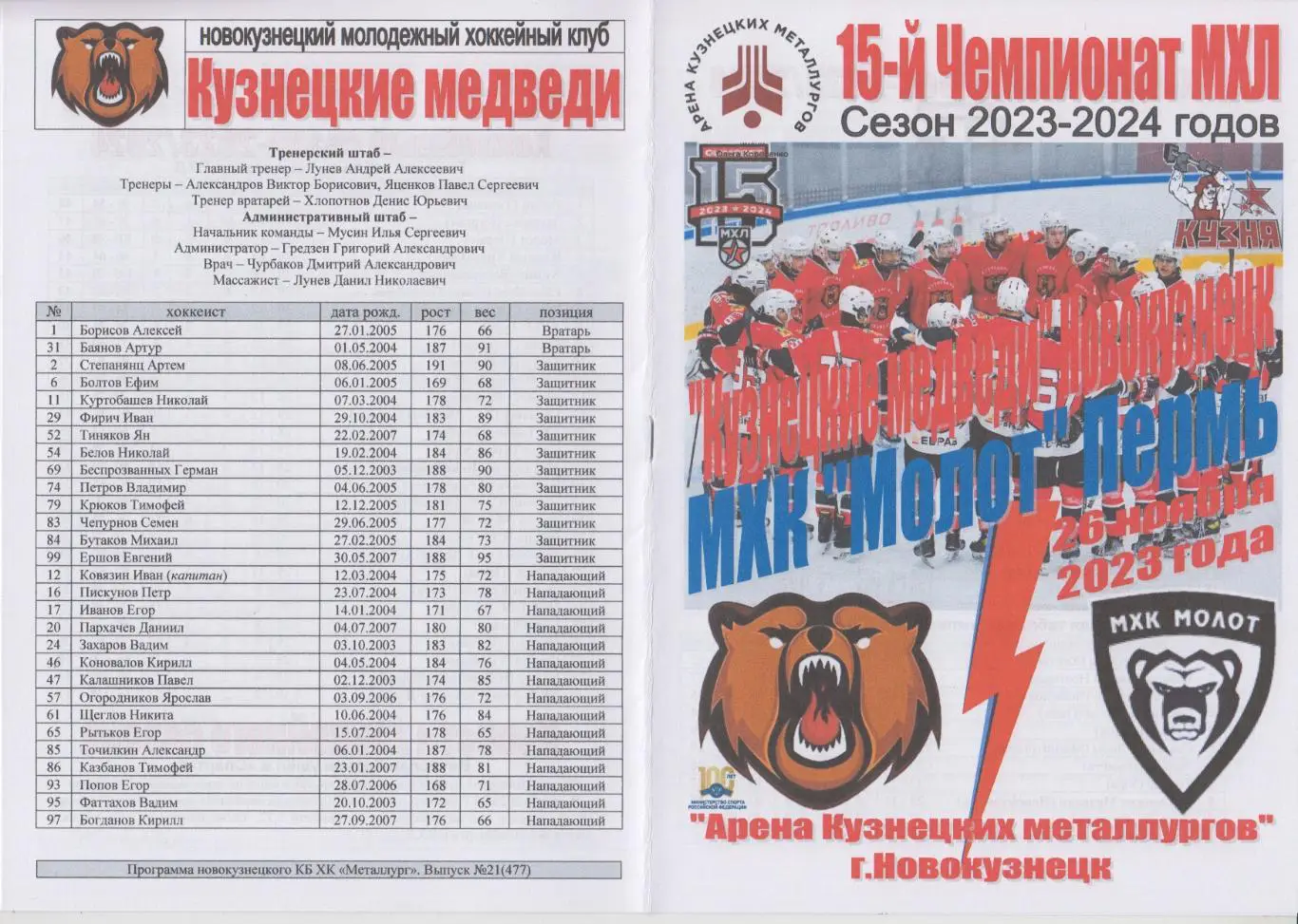 Кузнецкие медведи(Новокузнецк) - Молот(Пермь) - 2023/24 - 2