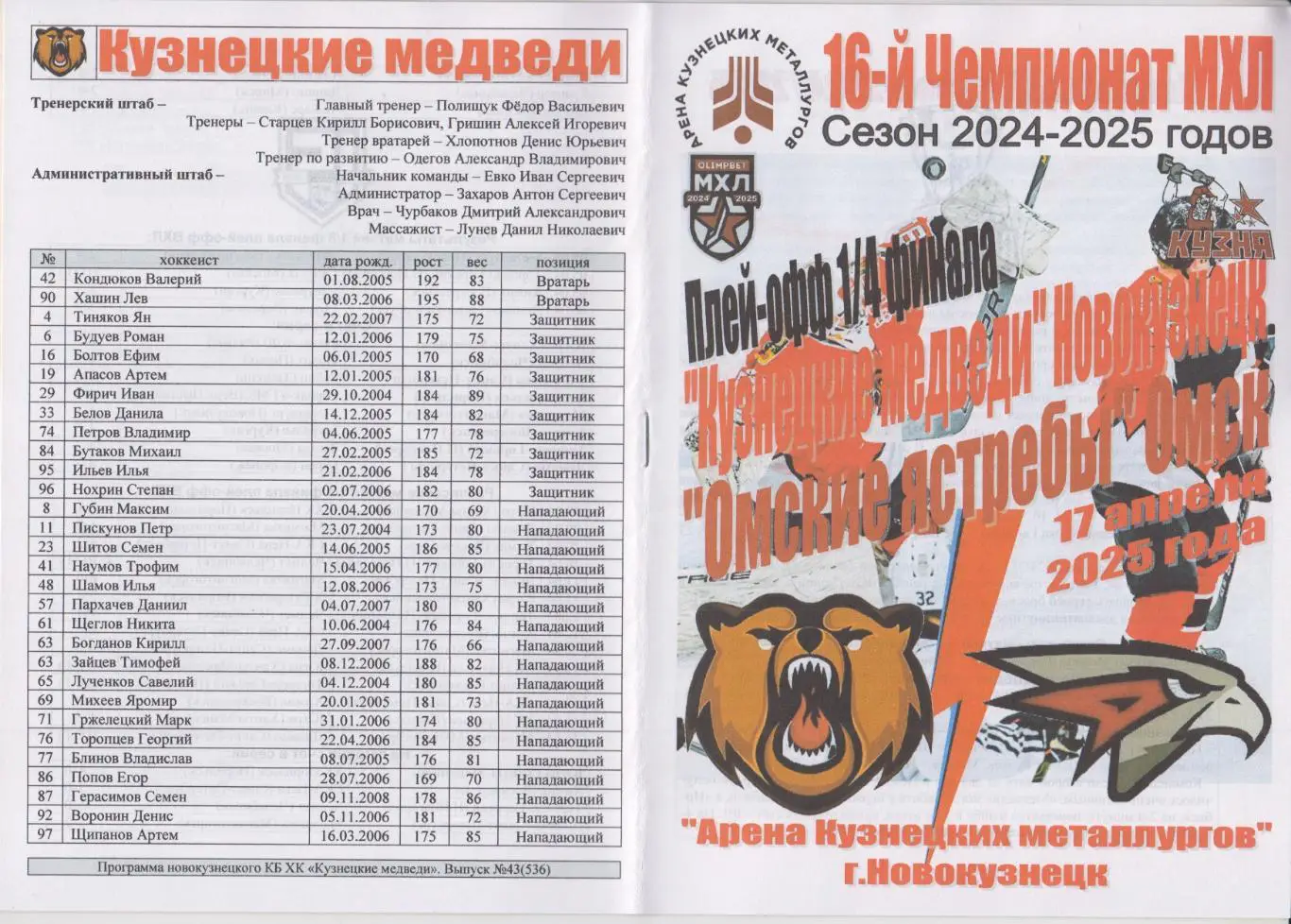 Кузнецкие медведи(Новокузнецк) - Омские ястребы(Омск) - 2024/25 - ПО