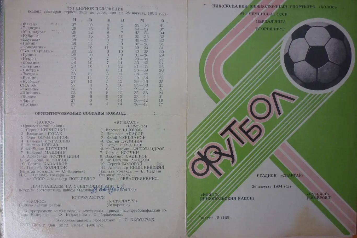 Колос(Никополь) - Кузбасс(Кемерово) - 1984