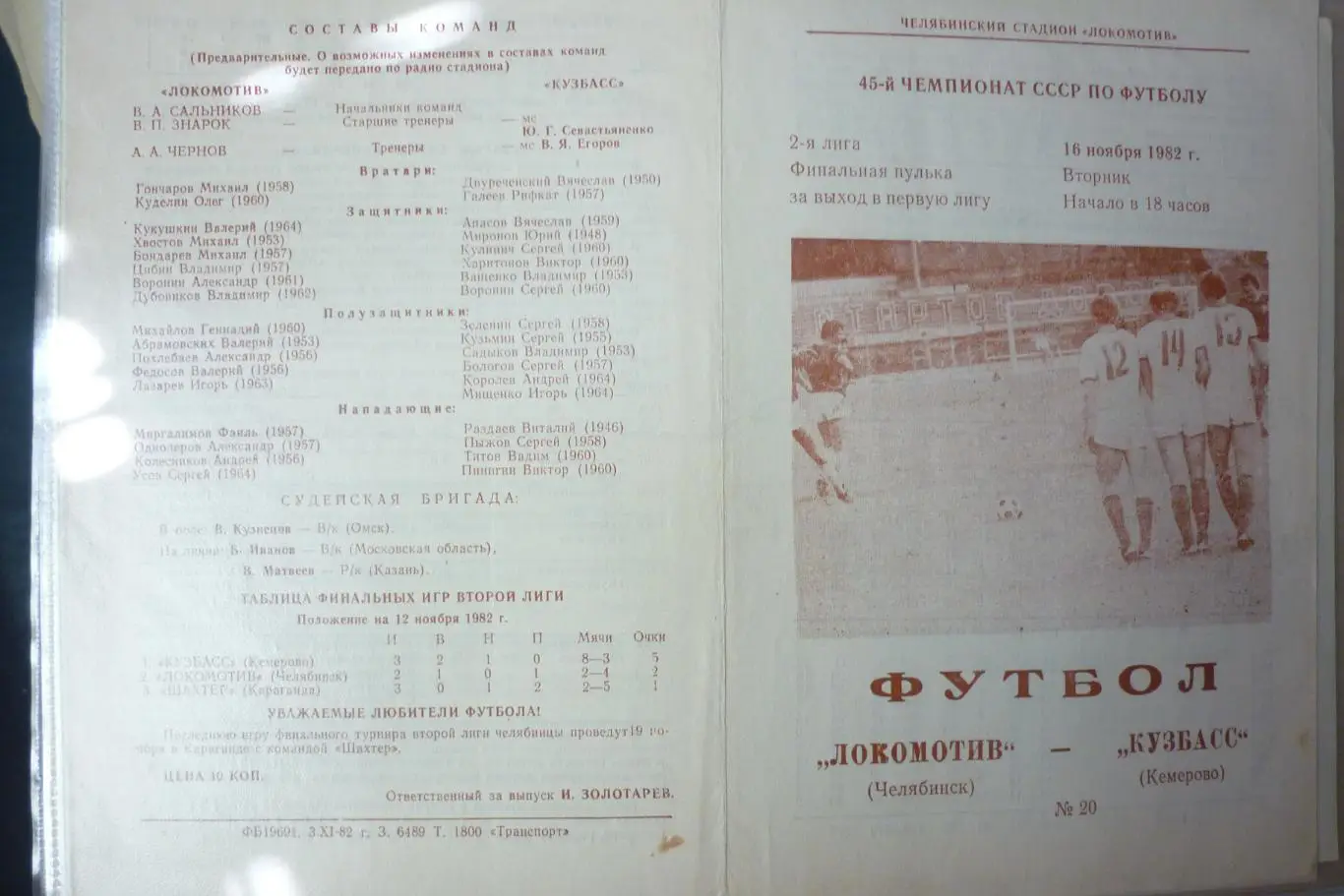 Локомотив(Челябинск) - Кузбасс(Кемерово) - 1982 - ФТ