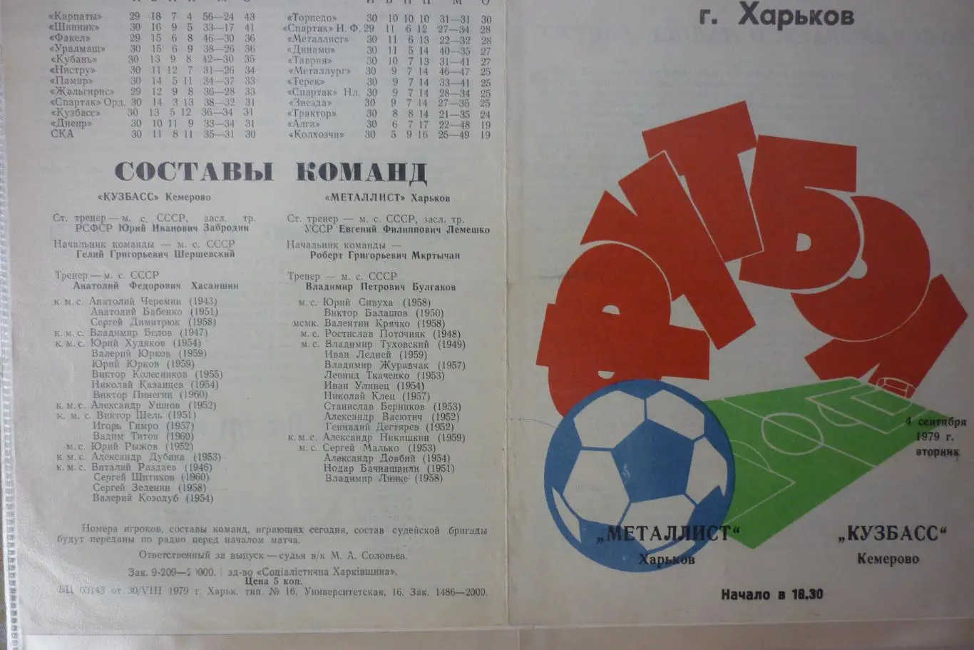 Металлист(Харьков) - Кузбасс(Кемерово) - 1979