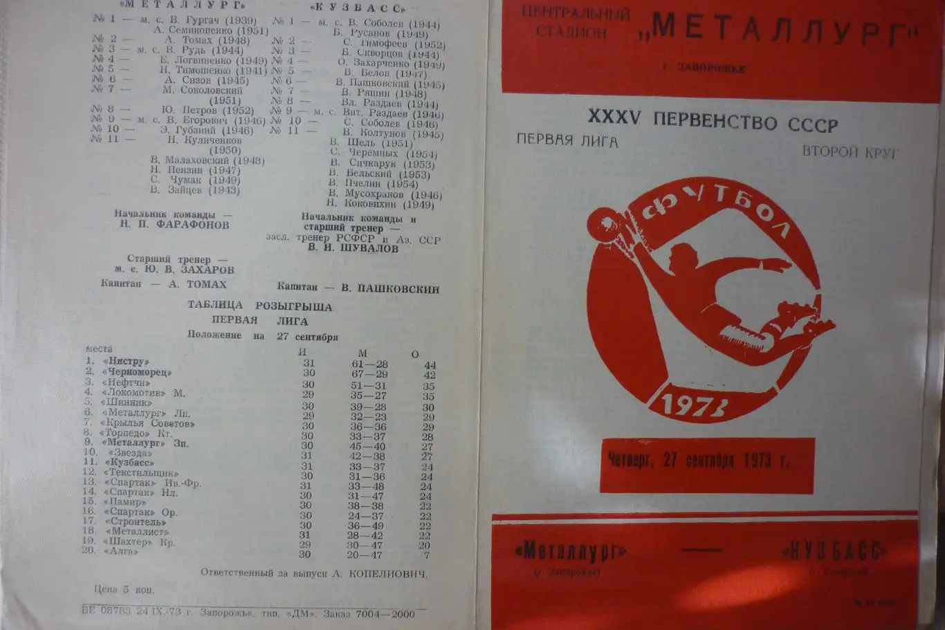 Металлург(Запорожье) - Кузбасс(Кемерово) - 1973