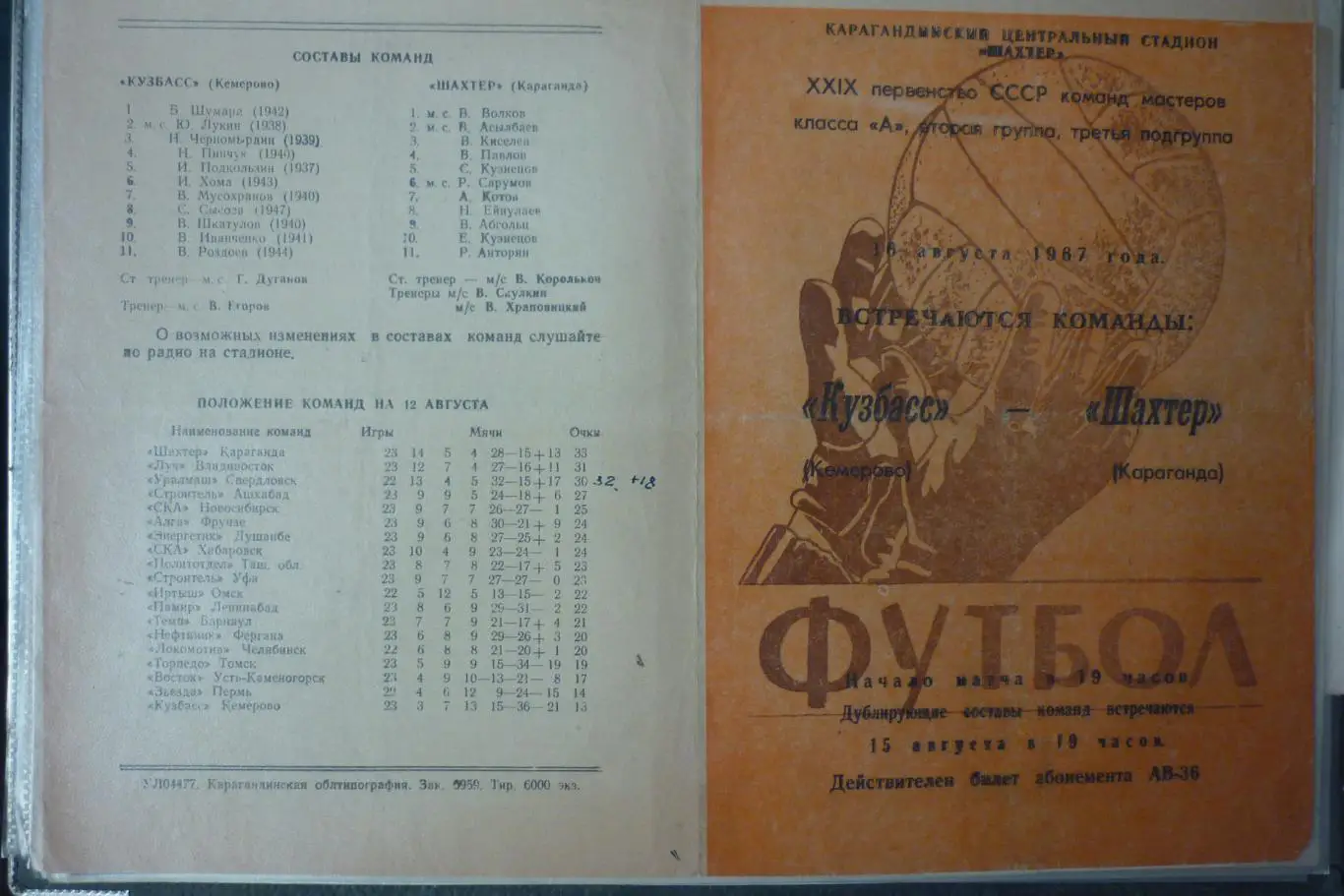 Шахтер(Караганда) - Кузбасс(Кемерово) - 1967