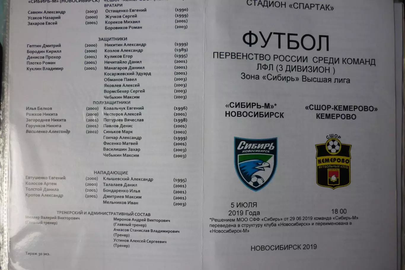Сибирь-М(Новосибирск) - СДЮСШОР-Кемерово(Кемерово) - 2019