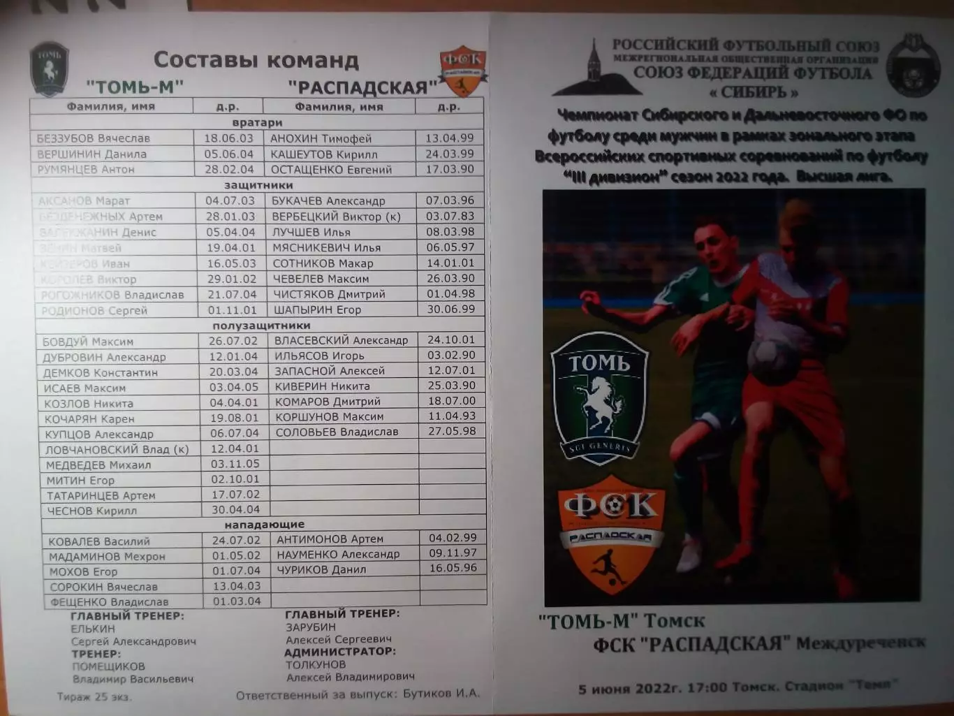 Томь-М(Томск) - ФСК Распадская(Междуреченск) - 2022
