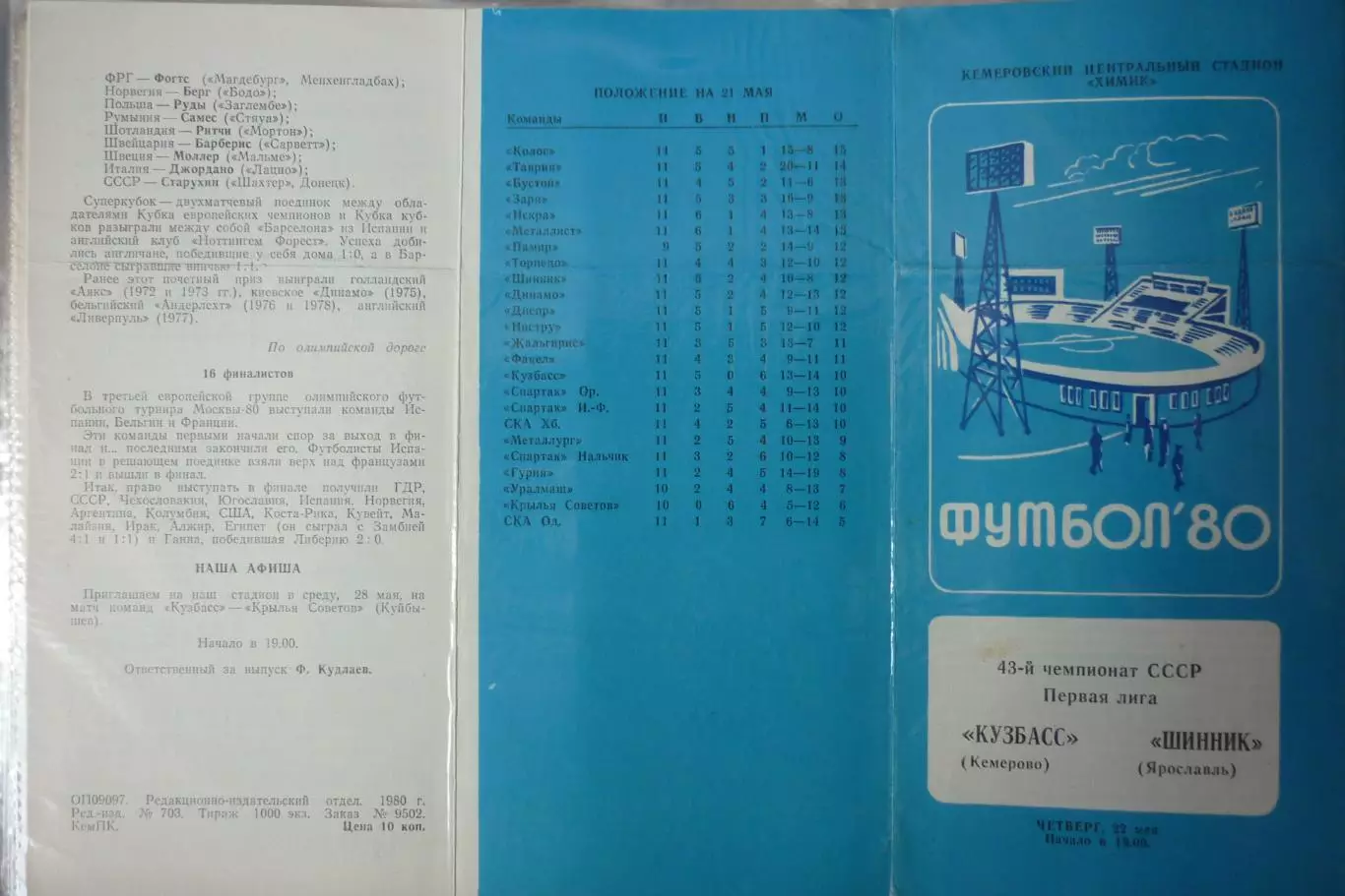 Кузбасс(Кемерово) - Шинник(Ярославль) - 1980