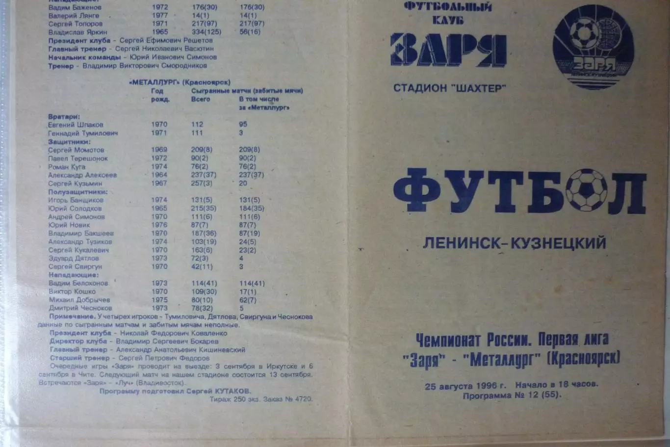 Заря(Ленинск-Кузнецкий) - Металлург(Красноярск) - 1996