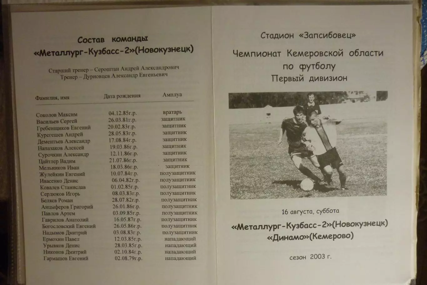 Металлург-Кузбасс-2(Новокузнецк) - Динамо(Кемерово) - 2003