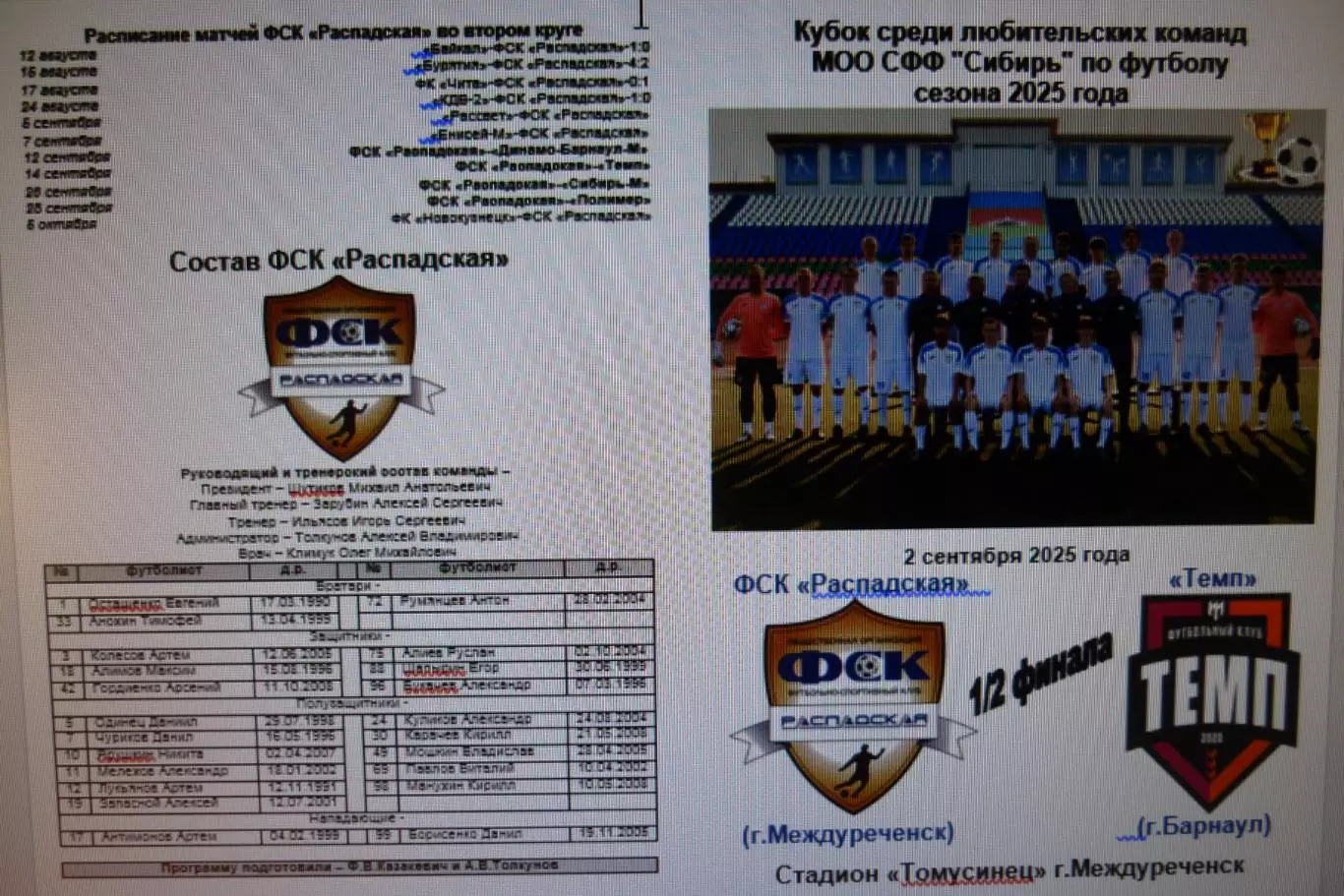 ФСК Распадская(Междуреченск) - Темп(Барнаул) - 2025 - Кубок Сибири