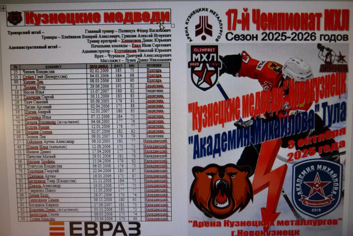 Кузнецкие медведи(Новокузнецк) - МХК Академия Михайлова(Тула) - 2025/26