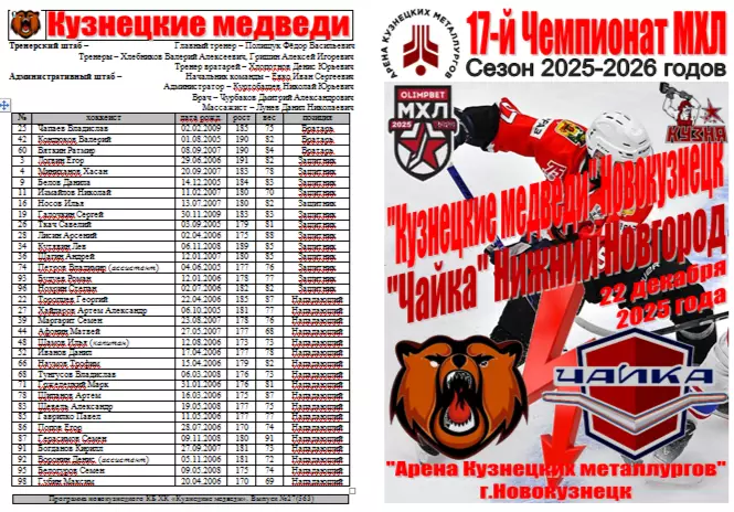 Кузнецкие медведи(Новокузнецк) - Чайка(Нижний Новгород) - 2025/26 - 2