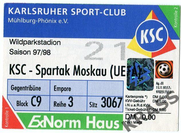 Футбол билет Выезд 1997 Карлсруэ (Германия) - Спартак (Москва)