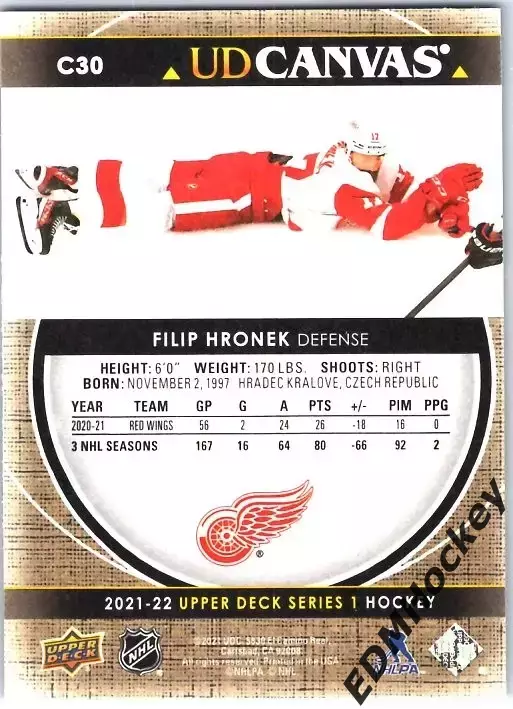 NHL. 2021-22 Upper Deck Series 1 UD Canvas FILIP HRONEK #C30 Detroit Red Wings 1