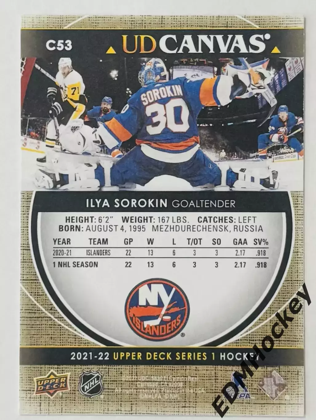 NHL. 2021-22 Upper Deck Series 1 UD Canvas ILYA SOROKIN #C53 New York Islanders 1