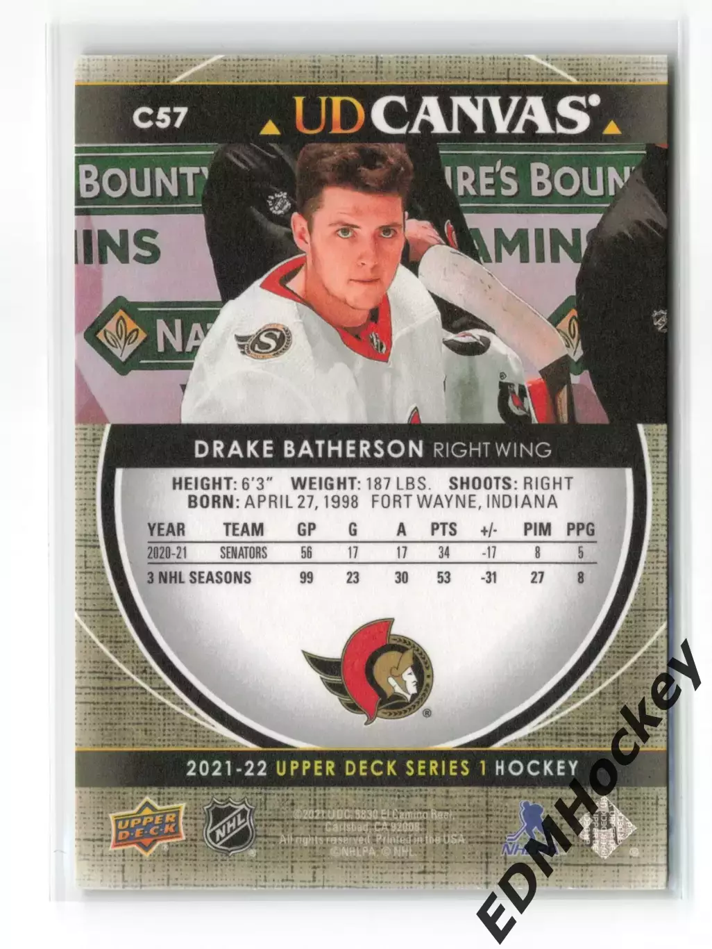 NHL. 2021-22 Upper Deck Series 1 UD Canvas DRAKE BATHERSON #C57 SENATORS 1