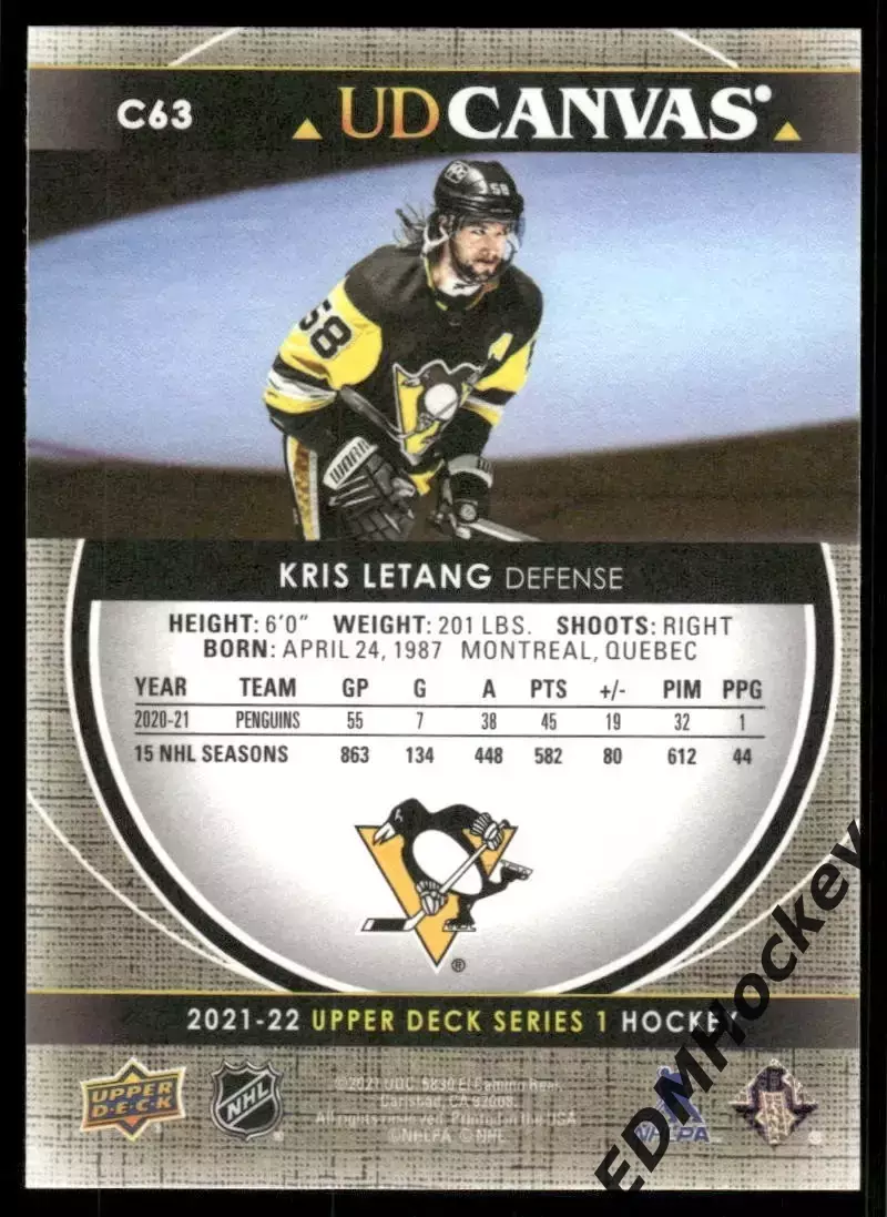 NHL. 2021-22 Upper Deck Series 1 UD Canvas KRIS LETANG #C63 Pittsburgh Penguins 1