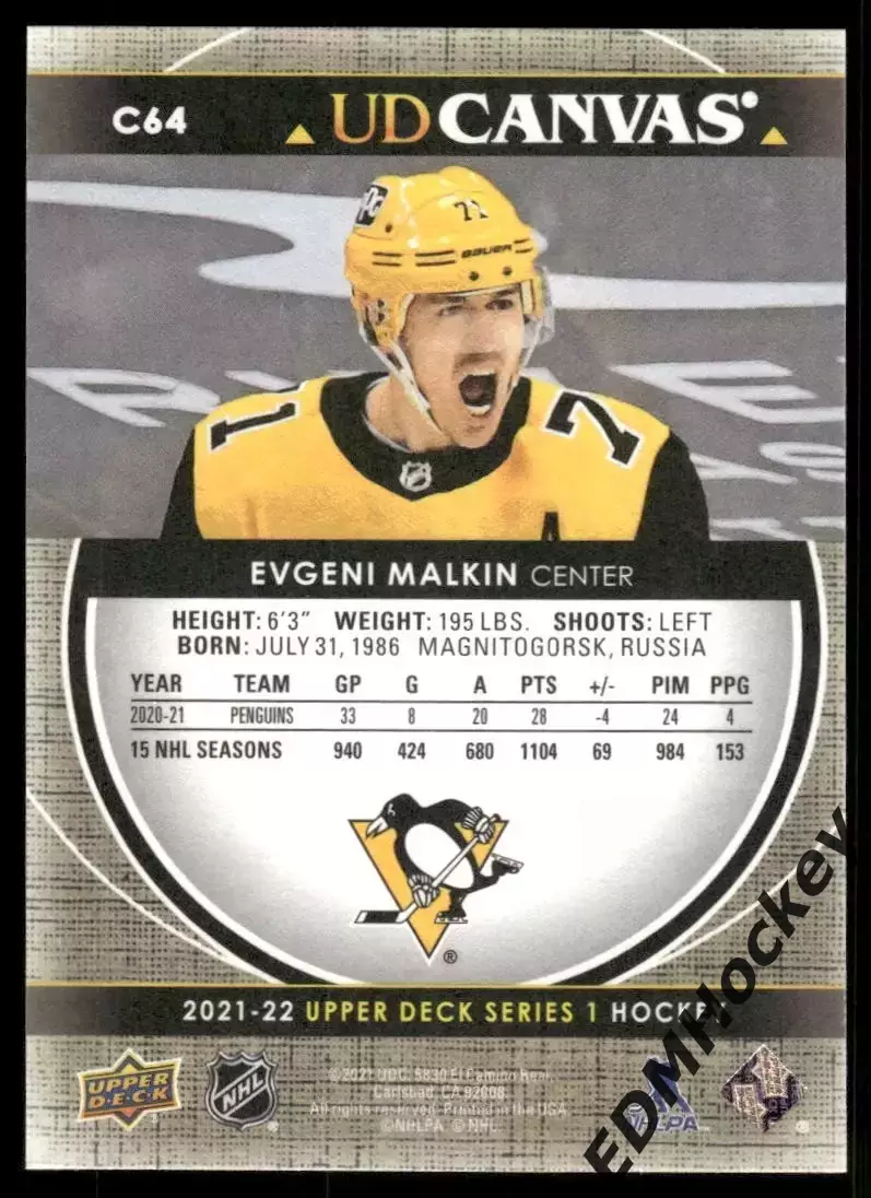 NHL. 2021-22 Upper Deck Series 1 UD Canvas EVGENI MALKIN #C64 Pittsburgh 1