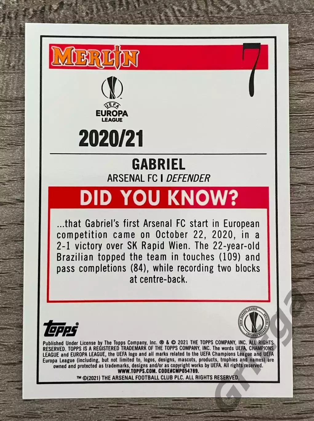 Карточка #7 Gabriel Arsenal FC 1