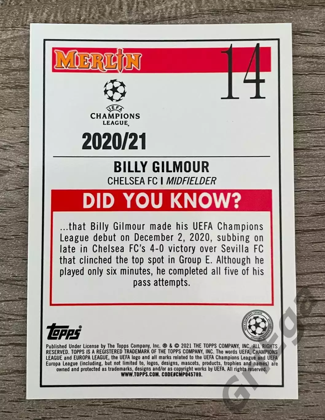 Карточка новичка Billy Gilmour Chelsea FC 1