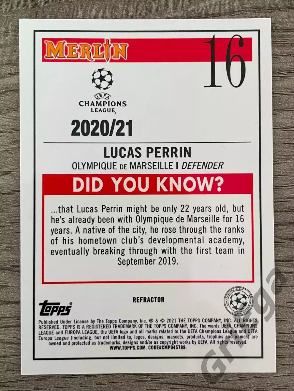 Карточка новичка Lucas Perrin Olympique de Marseille 1