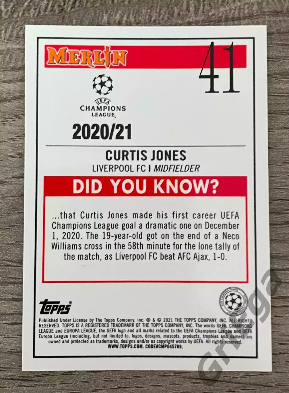 Карточка новичка Curtis Jones Liverpool FC 1