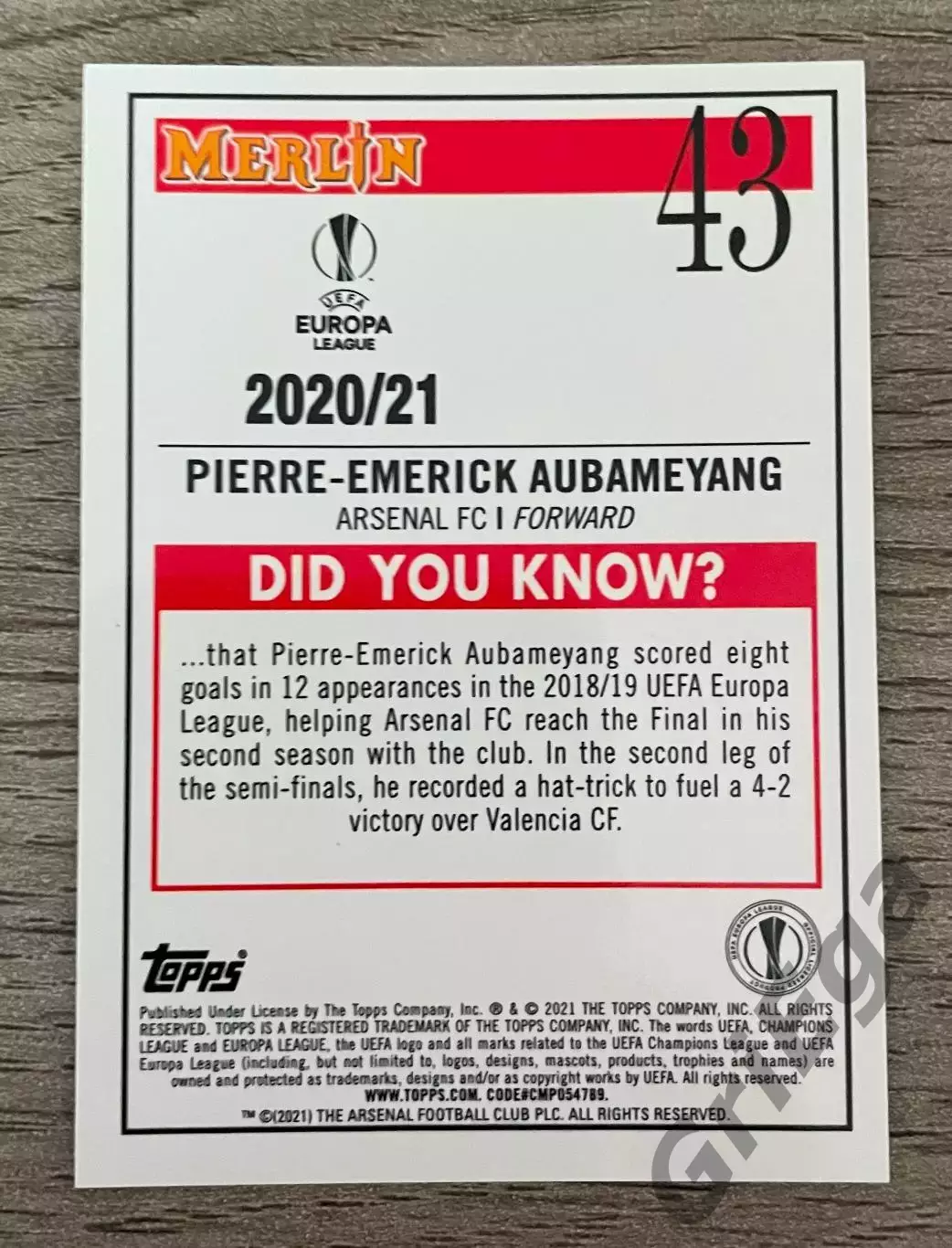 Карточка #43 Pierre-Emerick Aubameyang Arsenal FC 1