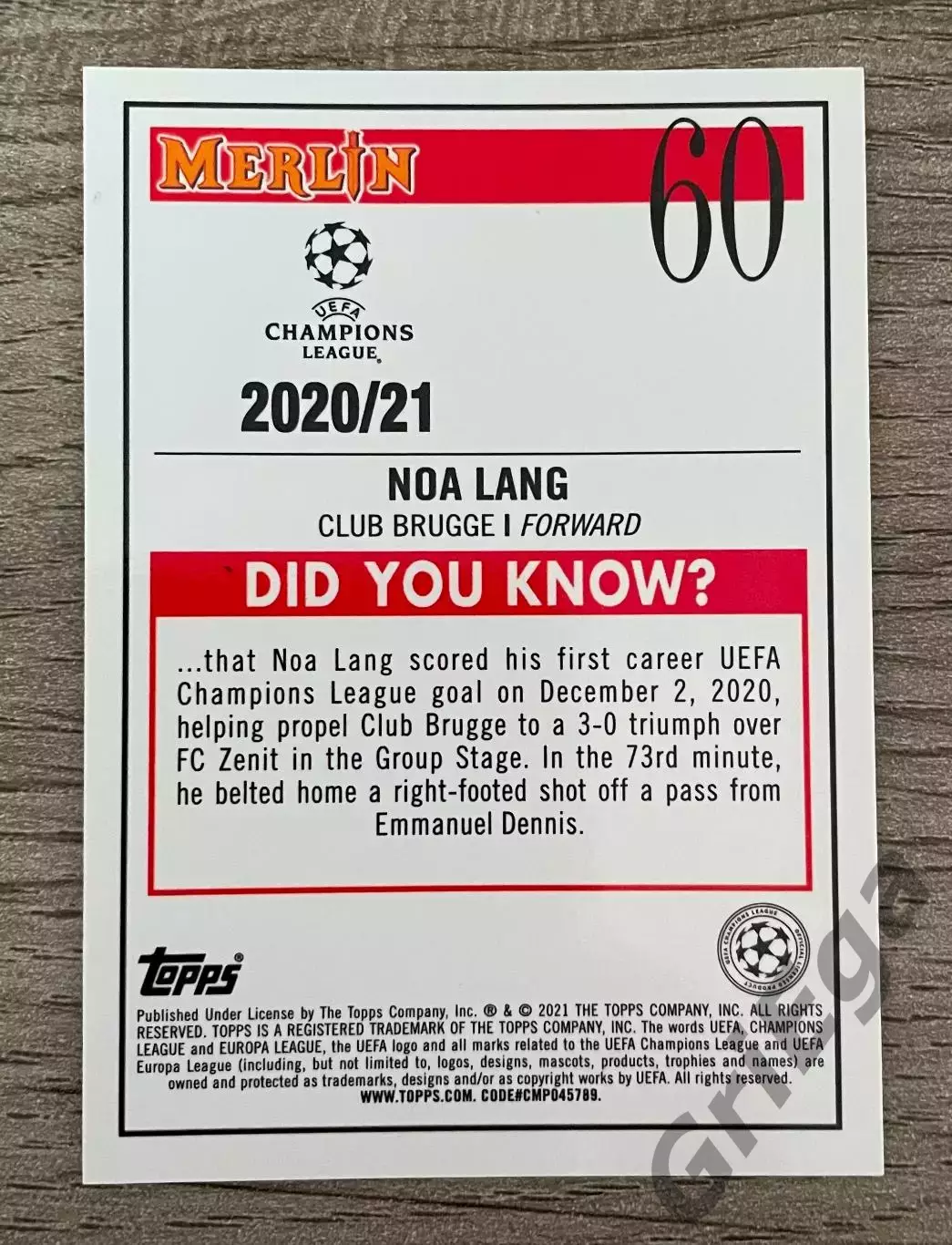 Карточка новичка Noa Lang Club Brugge 1