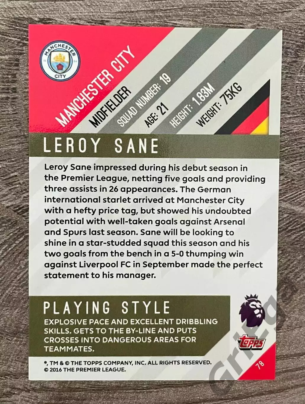 АПЛ 2017/18 Карточка #78 Leroy Sane Manchester City 1