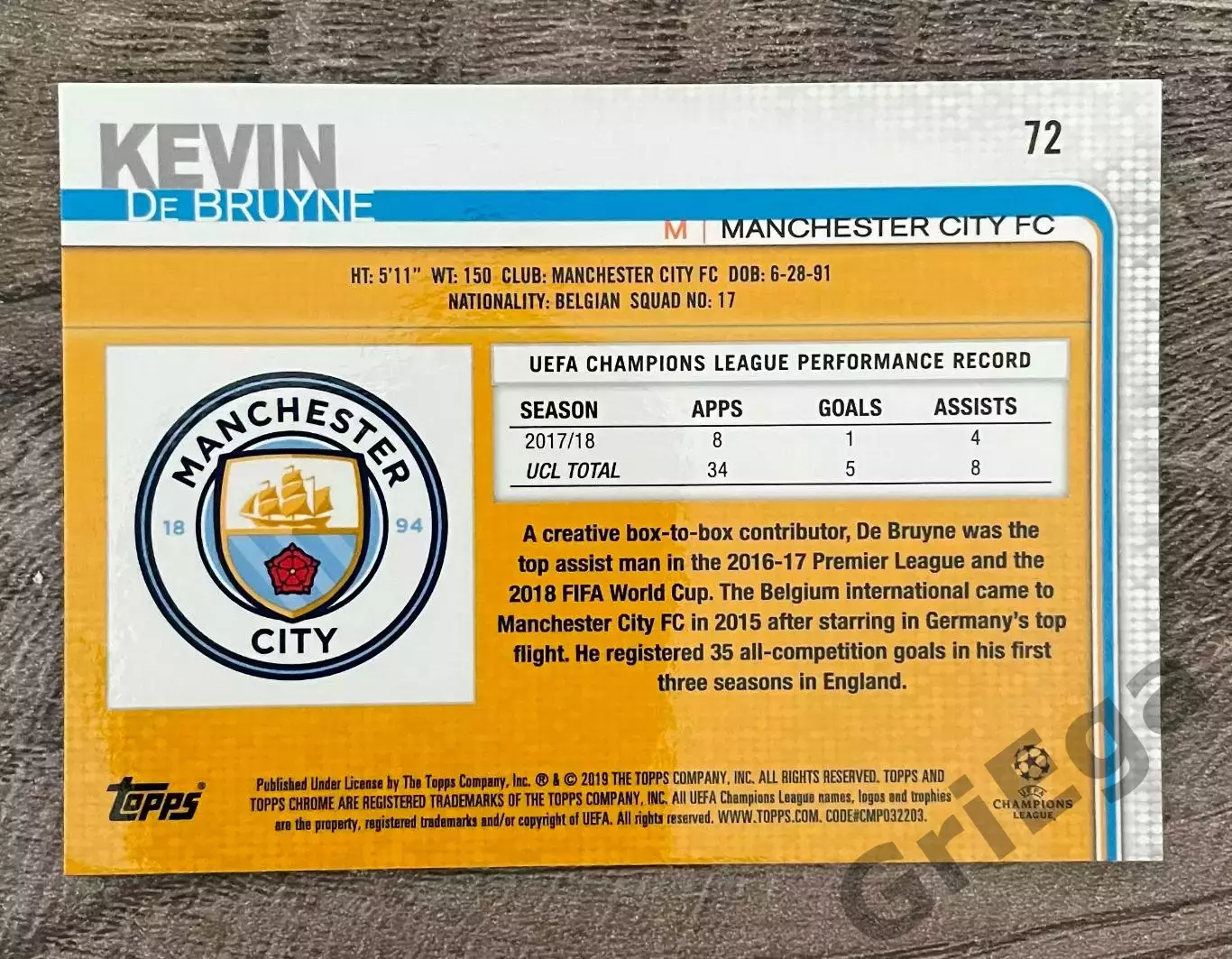 Карточка #72 Kevin De Bruyne Manchester City FC 1