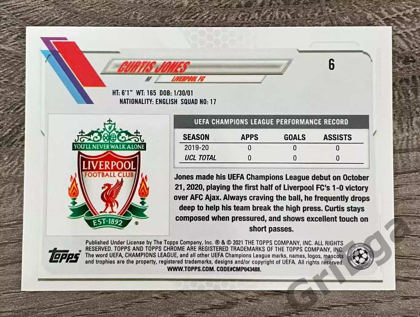 2020/21 TOPPS Chrome Curtis Jones RC 1