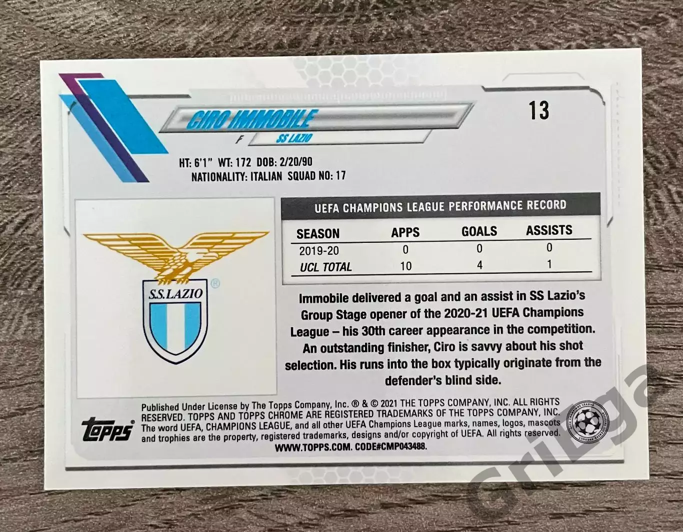 2020/21 TOPPS Chrome Ciro Immobile Lazio 1