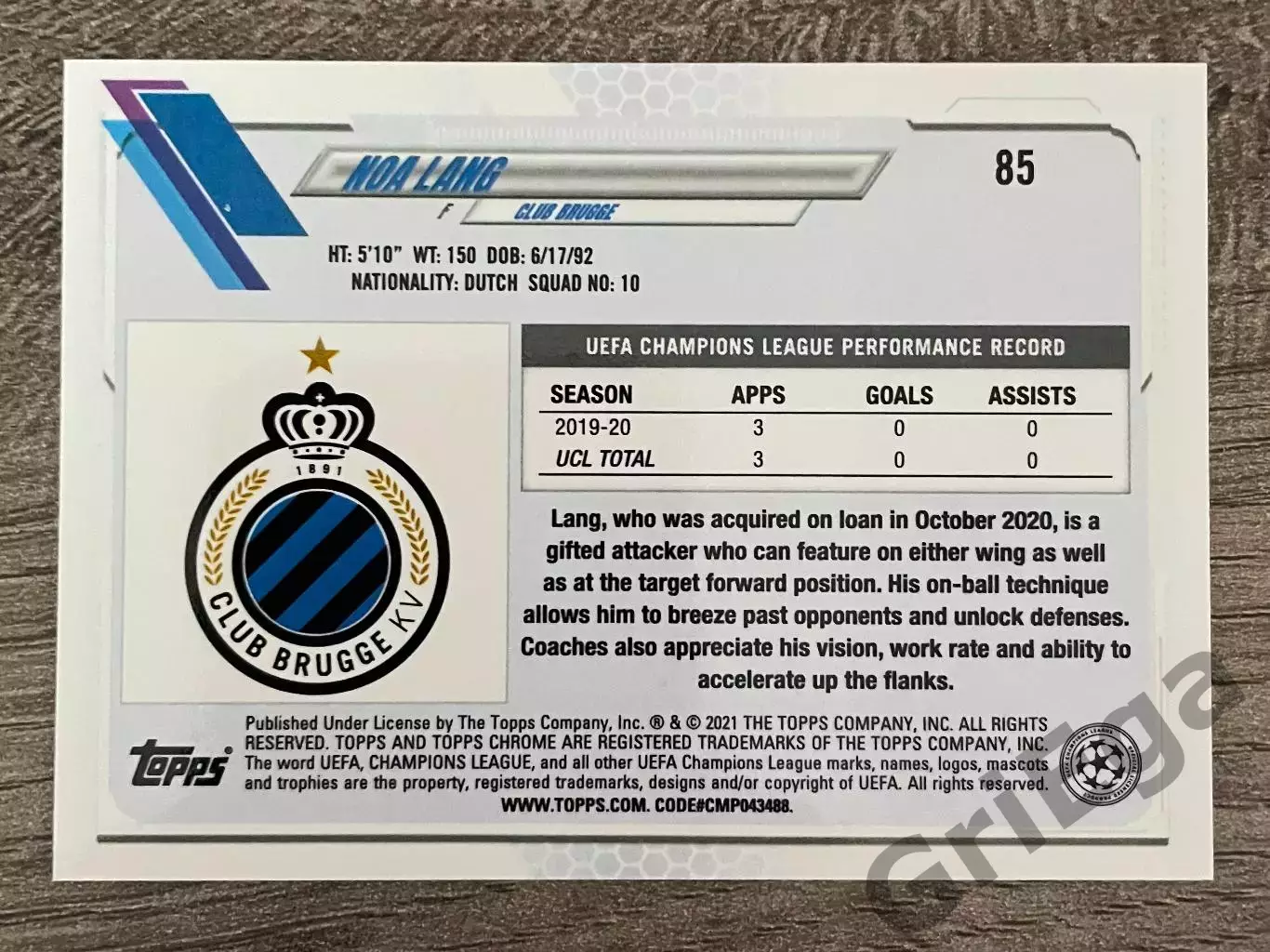 2020/21 TOPPS Chrome #85 Noa Lang RC 1