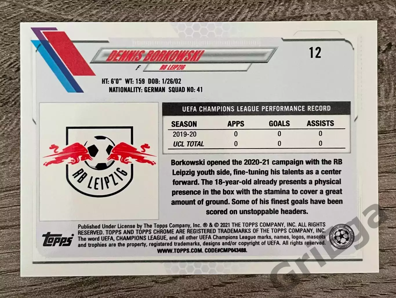 2020/21 TOPPS Chrome #12 Dennis Borkowski RC 1