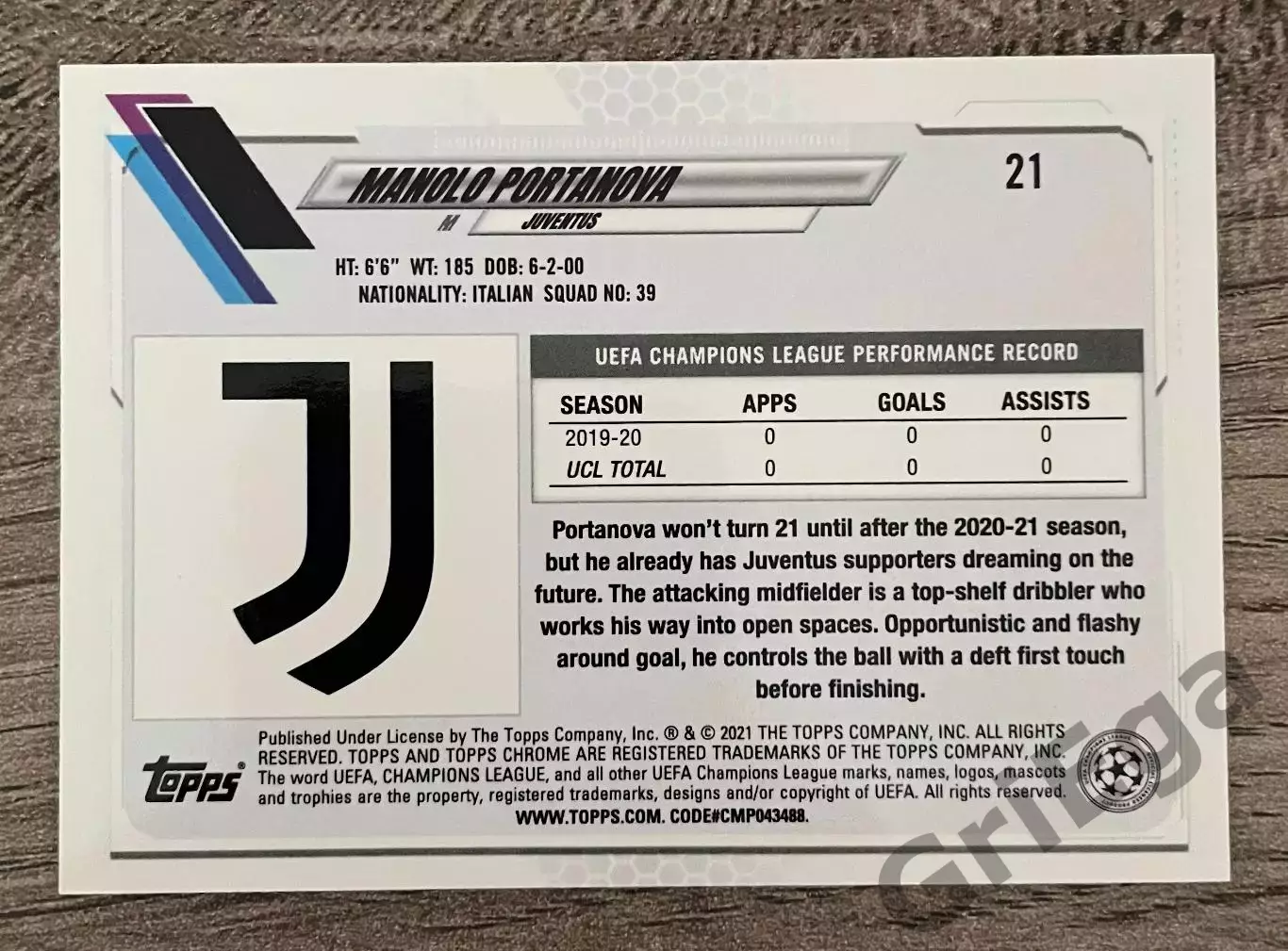2020/21 TOPPS Chrome #21 Manolo Portanova Juventus RC 1