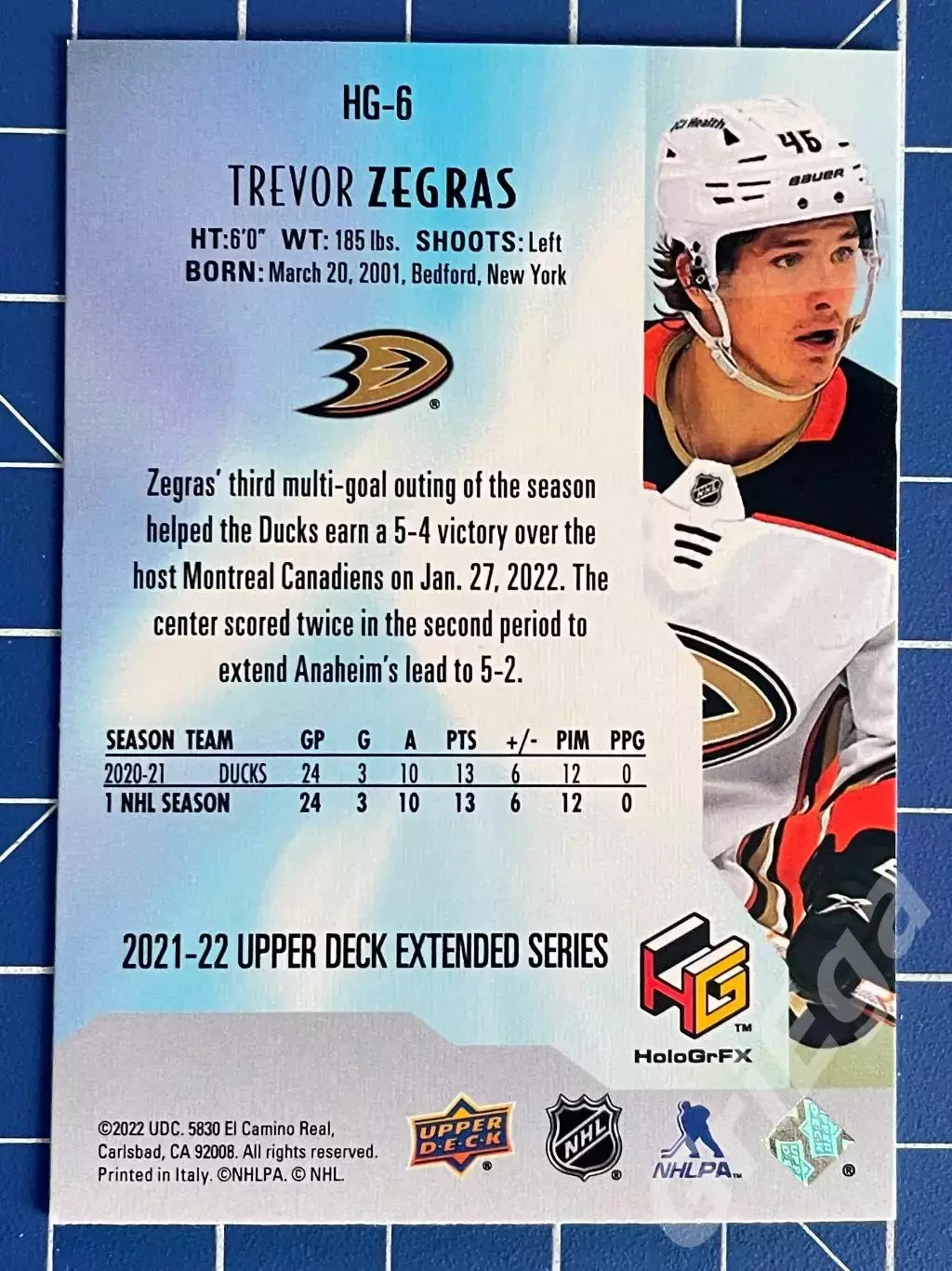 Хоккей. Карточка Trevor Zegras/Тревор Зеграс (Anaheim Ducks/Анахайм Дакс) 1