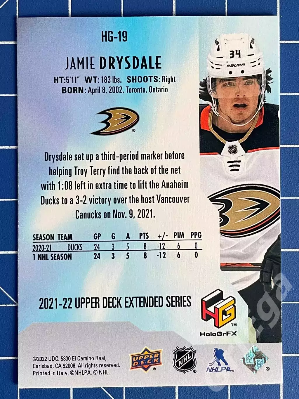 Хоккей. Карточка Jamie Drysdale/Джейми Драйсдейл (Anaheim Ducks/Анахайм Дакс) 1