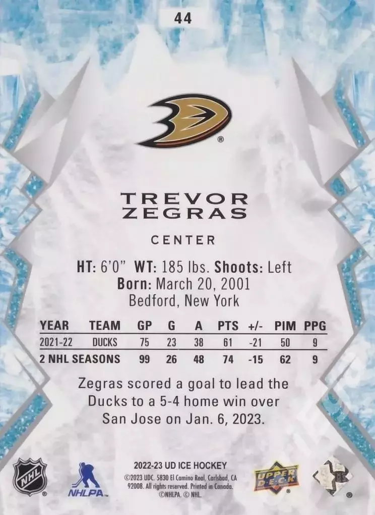 2022-23 Upper Deck Ice Hockey Trevor Zegras (Anaheim Ducks) 1