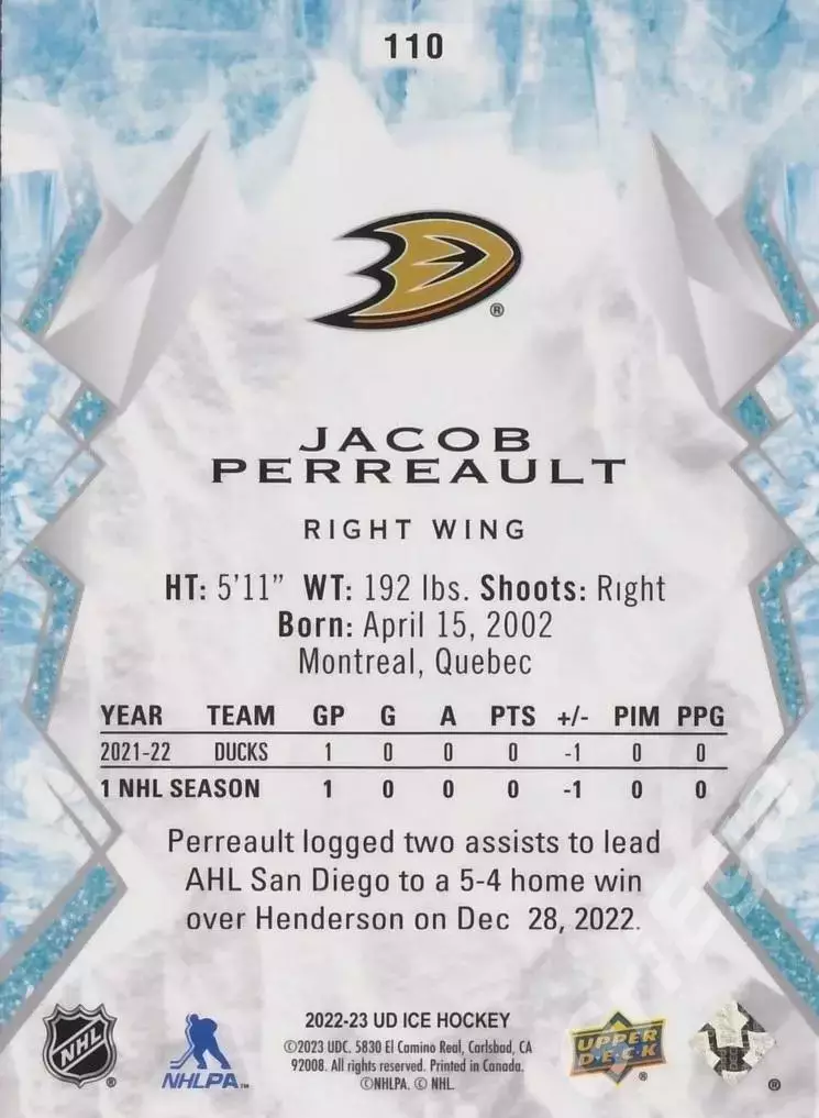 2022-23 Upper Deck Ice Hockey Jacob Perreault (Anaheim Ducks) 1