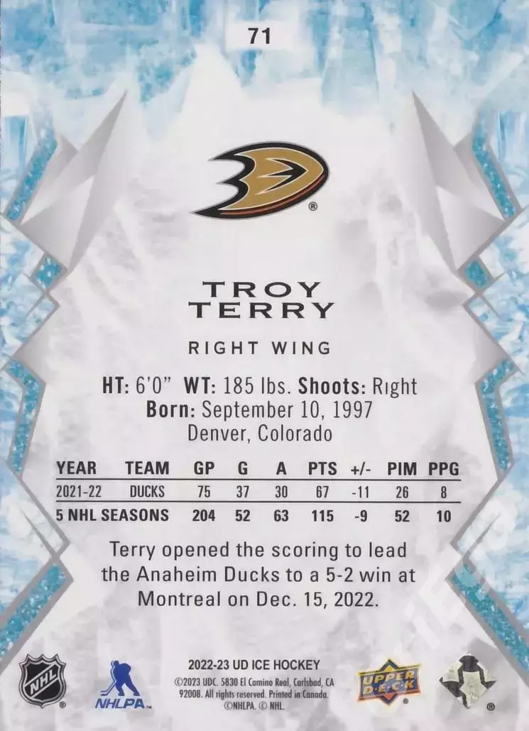 2022-23 Upper Deck Ice Hockey Troy Terry (Anaheim Ducks) 1