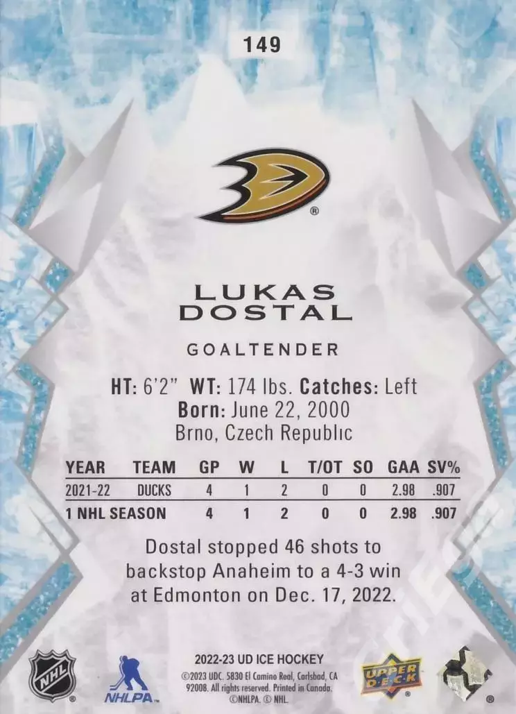2022-23 Upper Deck Ice Hockey Lukas Dostal (Anaheim Ducks) 1