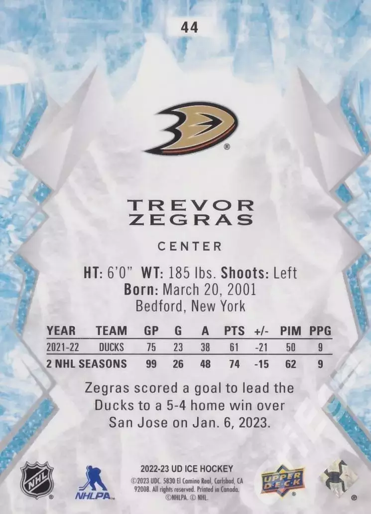 2022-23 Upper Deck Ice Hockey Trevor Zegras (Anaheim Ducks) 1