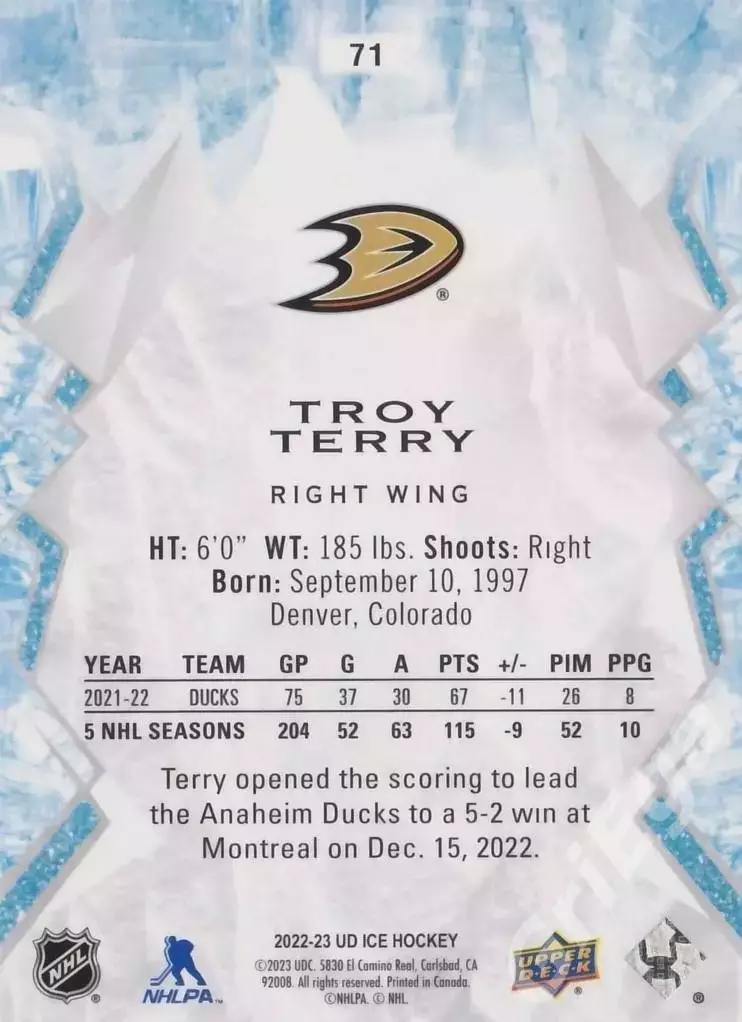 2022-23 Upper Deck Ice Hockey Troy Terry (Anaheim Ducks) 1